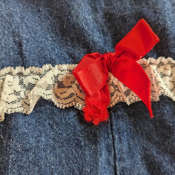 Vtg 90s Hopscotch Jumpsuit Baby Girls Sz 12m Denim Bows Romper - Picture 5 of 6